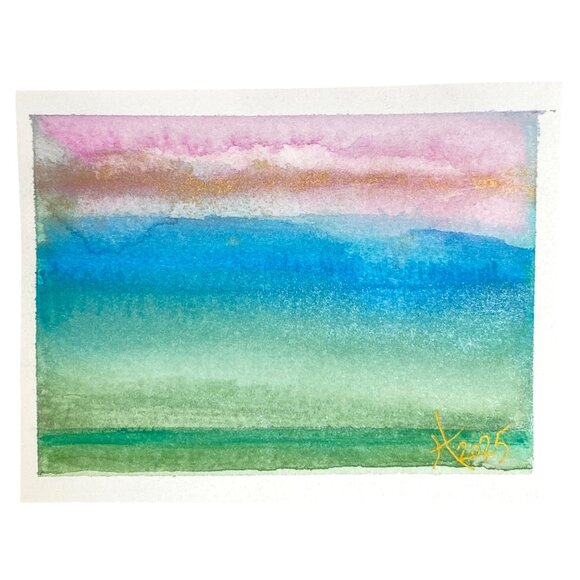 Golden Sunset Original Iridescent Watercolor Painting 4x5in Black Frame Desk Art - Picture 3 of 6